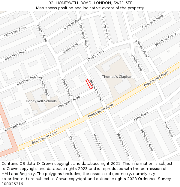 92, HONEYWELL ROAD, LONDON, SW11 6EF: Location map and indicative extent of plot