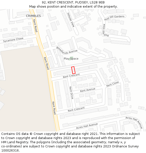92, KENT CRESCENT, PUDSEY, LS28 9EB: Location map and indicative extent of plot