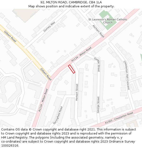 92, MILTON ROAD, CAMBRIDGE, CB4 1LA: Location map and indicative extent of plot