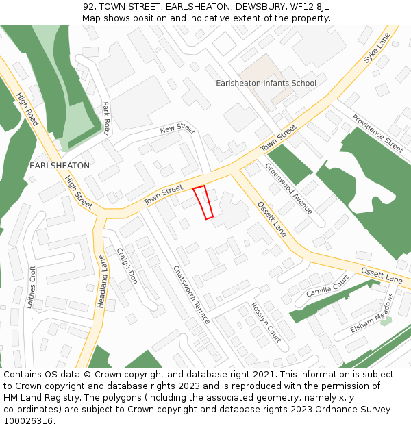 92, TOWN STREET, EARLSHEATON, DEWSBURY, WF12 8JL: Location map and indicative extent of plot