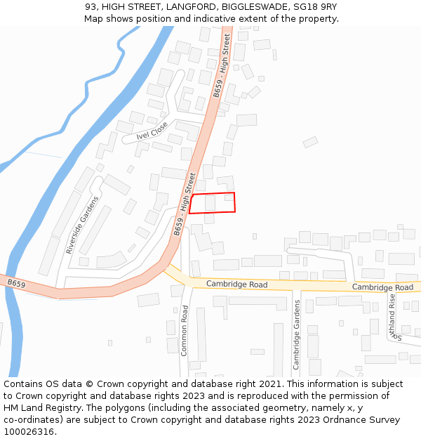 93, HIGH STREET, LANGFORD, BIGGLESWADE, SG18 9RY: Location map and indicative extent of plot