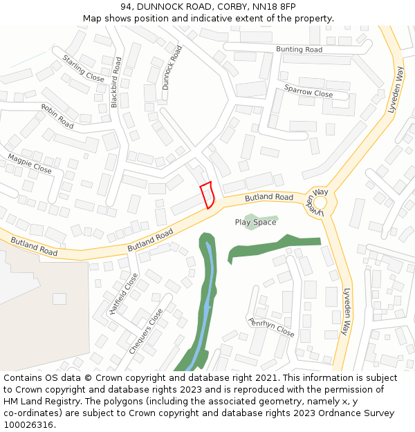 94, DUNNOCK ROAD, CORBY, NN18 8FP: Location map and indicative extent of plot