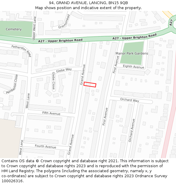 94, GRAND AVENUE, LANCING, BN15 9QB: Location map and indicative extent of plot