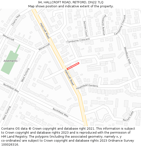 94, HALLCROFT ROAD, RETFORD, DN22 7LQ: Location map and indicative extent of plot