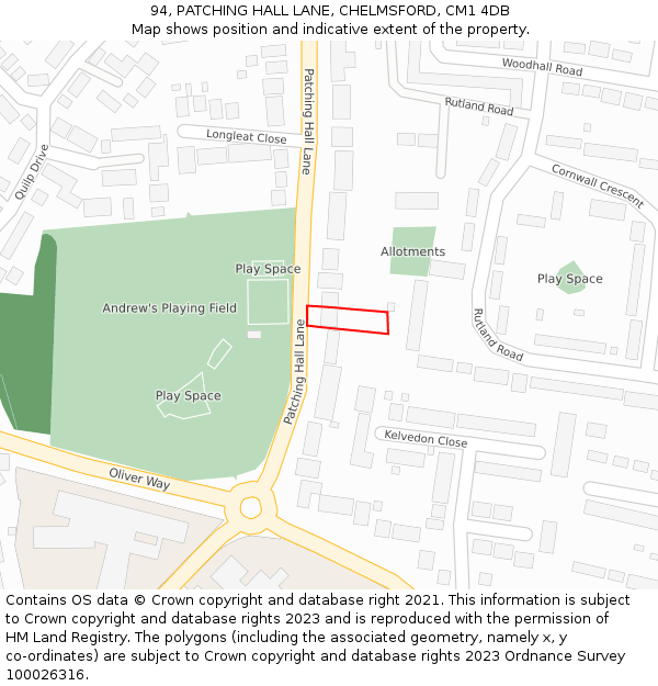 94, PATCHING HALL LANE, CHELMSFORD, CM1 4DB: Location map and indicative extent of plot