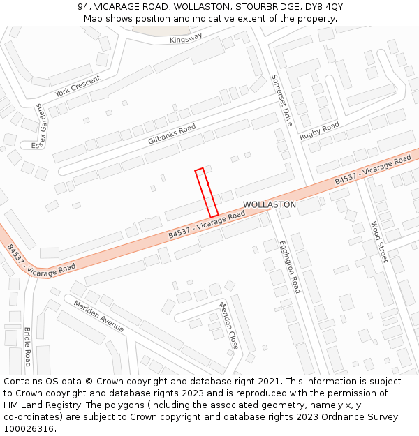94, VICARAGE ROAD, WOLLASTON, STOURBRIDGE, DY8 4QY: Location map and indicative extent of plot
