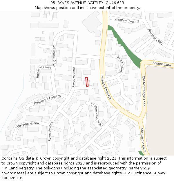 95, RYVES AVENUE, YATELEY, GU46 6FB: Location map and indicative extent of plot