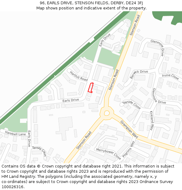 96, EARLS DRIVE, STENSON FIELDS, DERBY, DE24 3FJ: Location map and indicative extent of plot