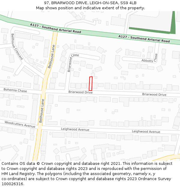 97, BRIARWOOD DRIVE, LEIGH-ON-SEA, SS9 4LB: Location map and indicative extent of plot