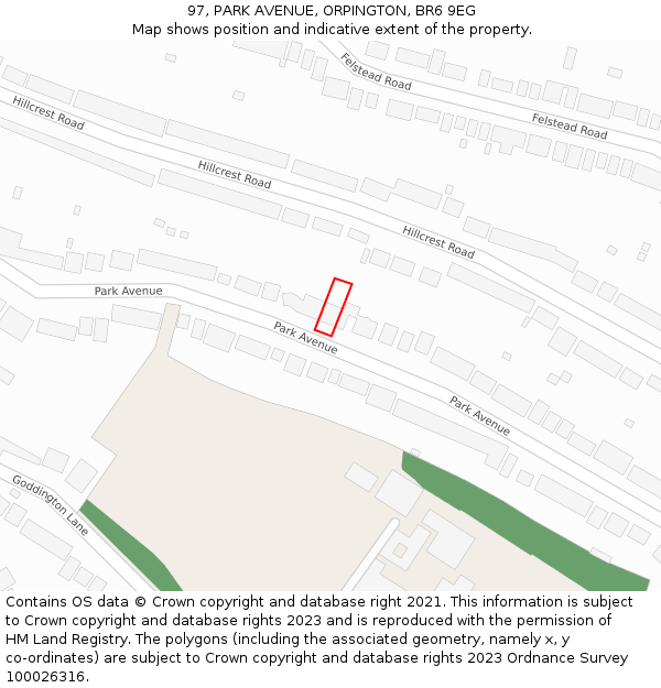 97, PARK AVENUE, ORPINGTON, BR6 9EG: Location map and indicative extent of plot