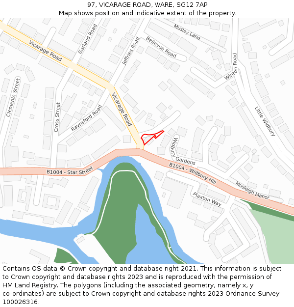 97, VICARAGE ROAD, WARE, SG12 7AP: Location map and indicative extent of plot