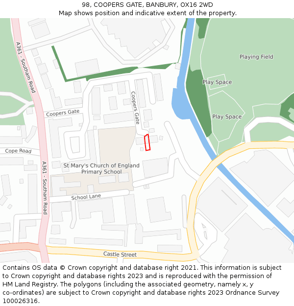 98, COOPERS GATE, BANBURY, OX16 2WD: Location map and indicative extent of plot