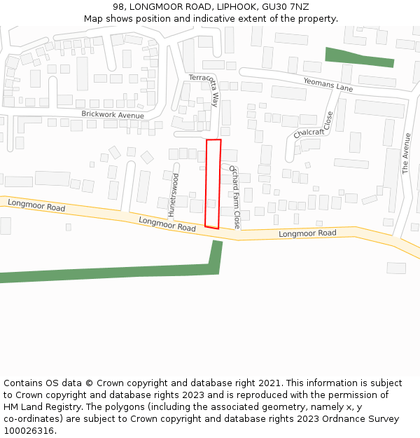 98, LONGMOOR ROAD, LIPHOOK, GU30 7NZ: Location map and indicative extent of plot