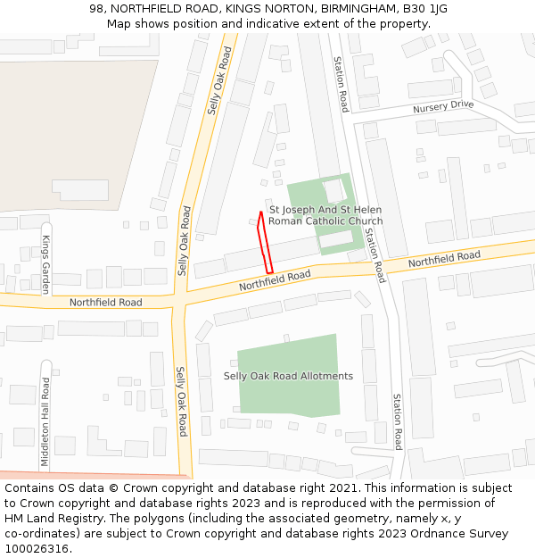 98, NORTHFIELD ROAD, KINGS NORTON, BIRMINGHAM, B30 1JG: Location map and indicative extent of plot