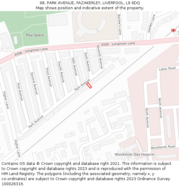 98, PARK AVENUE, FAZAKERLEY, LIVERPOOL, L9 9DQ: Location map and indicative extent of plot