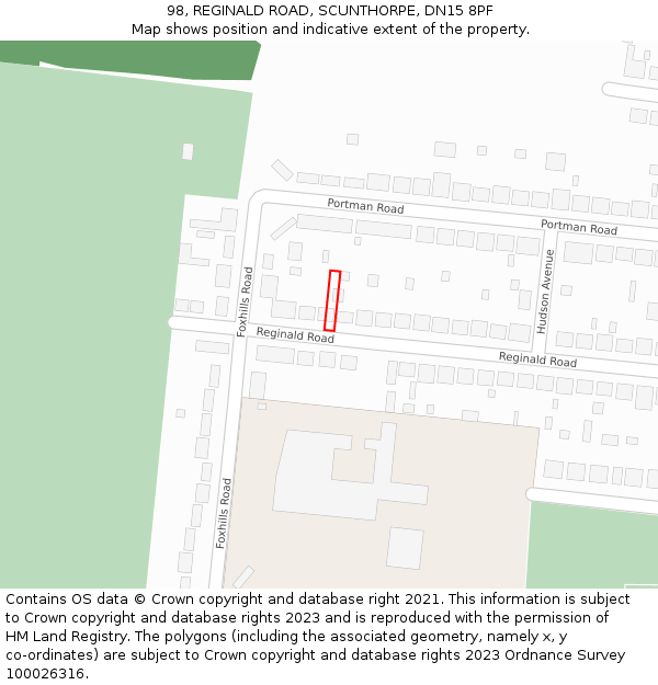 98, REGINALD ROAD, SCUNTHORPE, DN15 8PF: Location map and indicative extent of plot