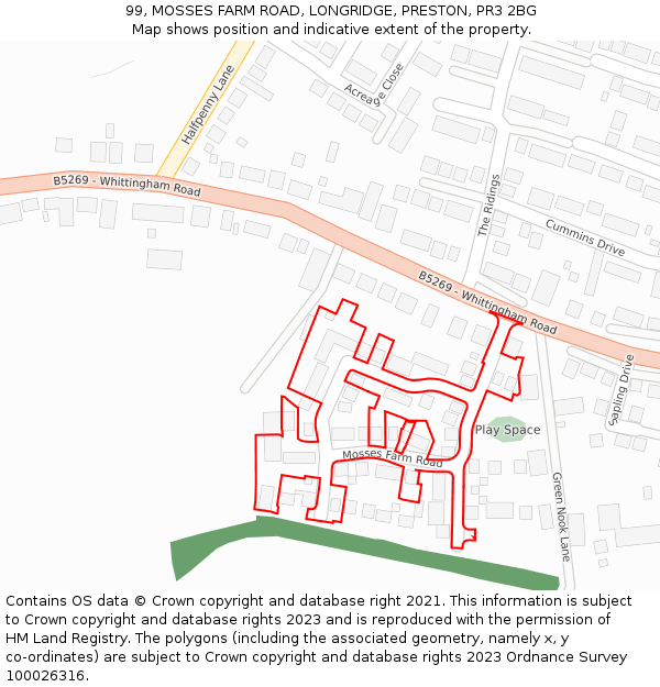 99, MOSSES FARM ROAD, LONGRIDGE, PRESTON, PR3 2BG: Location map and indicative extent of plot