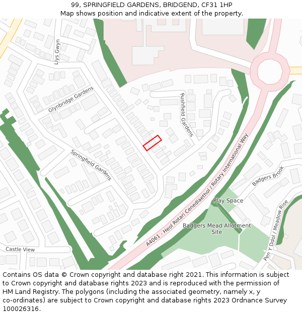99, SPRINGFIELD GARDENS, BRIDGEND, CF31 1HP: Location map and indicative extent of plot