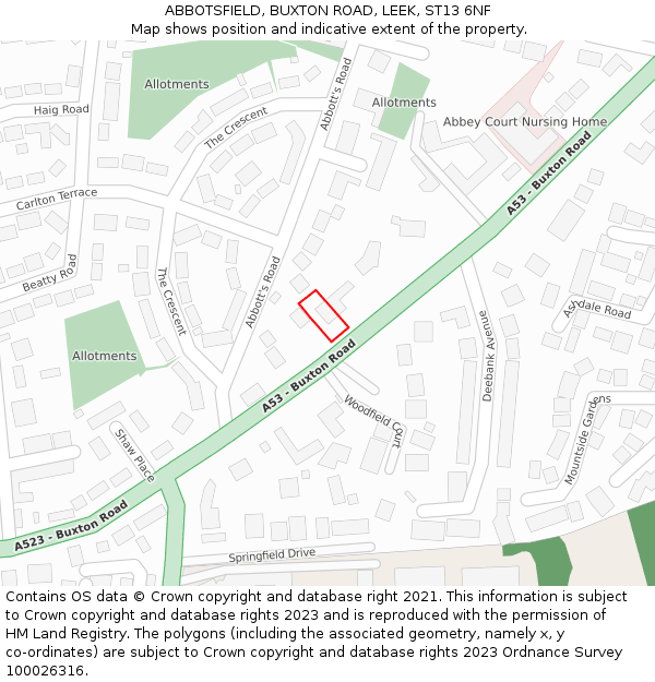 ABBOTSFIELD, BUXTON ROAD, LEEK, ST13 6NF: Location map and indicative extent of plot
