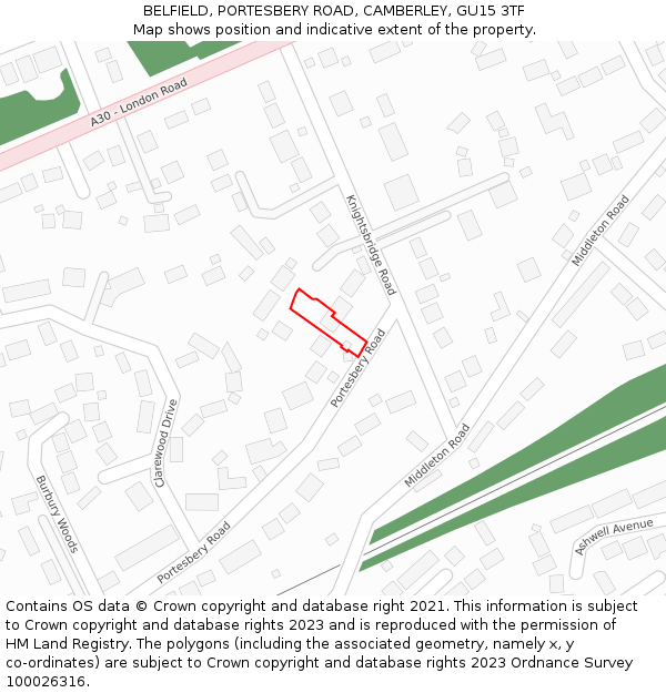 BELFIELD, PORTESBERY ROAD, CAMBERLEY, GU15 3TF: Location map and indicative extent of plot