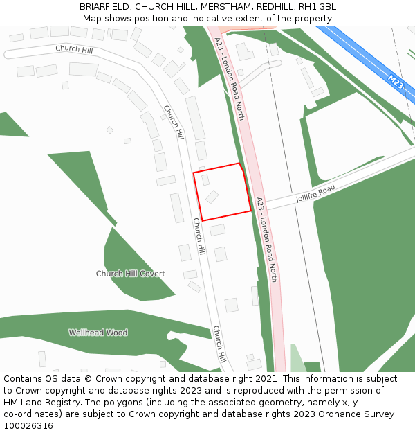 BRIARFIELD, CHURCH HILL, MERSTHAM, REDHILL, RH1 3BL: Location map and indicative extent of plot