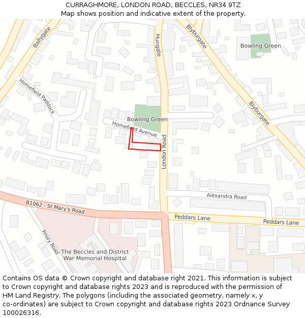 CURRAGHMORE, LONDON ROAD, BECCLES, NR34 9TZ: Location map and indicative extent of plot