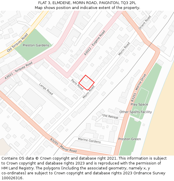 FLAT 3, ELMDENE, MORIN ROAD, PAIGNTON, TQ3 2PL: Location map and indicative extent of plot