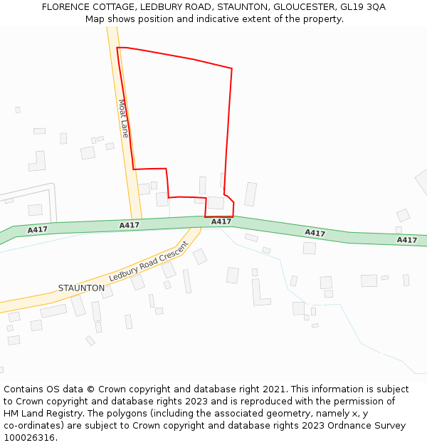 FLORENCE COTTAGE, LEDBURY ROAD, STAUNTON, GLOUCESTER, GL19 3QA: Location map and indicative extent of plot
