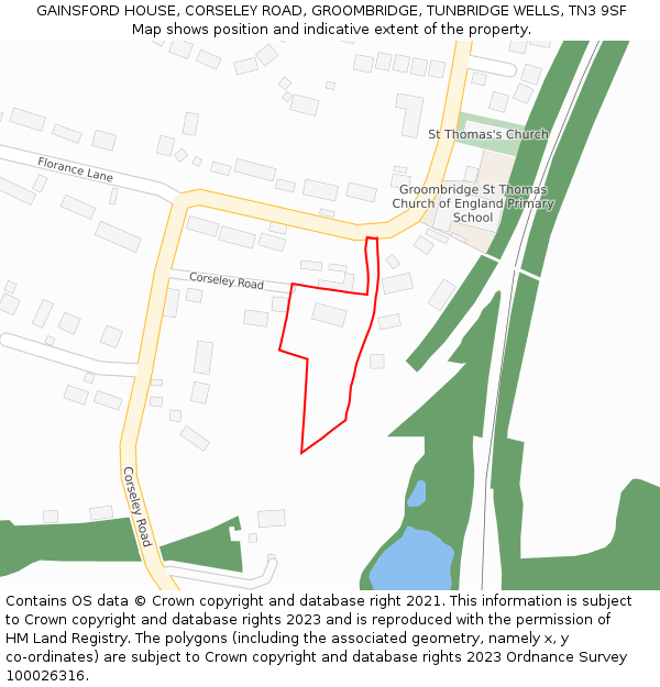 GAINSFORD HOUSE, CORSELEY ROAD, GROOMBRIDGE, TUNBRIDGE WELLS, TN3 9SF: Location map and indicative extent of plot