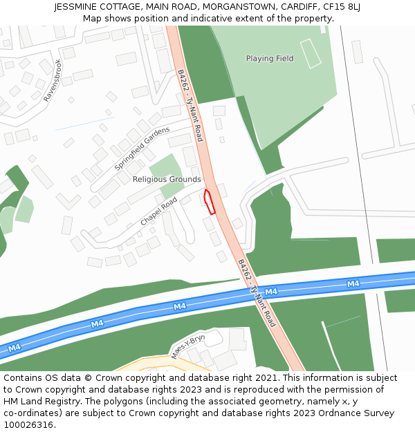 JESSMINE COTTAGE, MAIN ROAD, MORGANSTOWN, CARDIFF, CF15 8LJ: Location map and indicative extent of plot