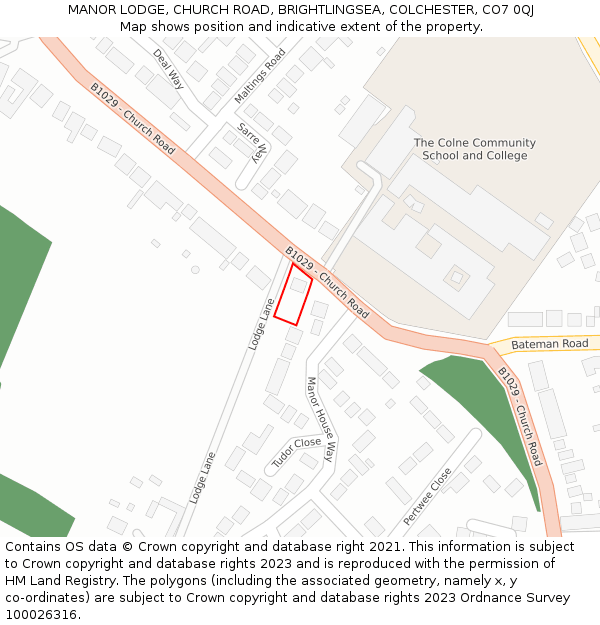 MANOR LODGE, CHURCH ROAD, BRIGHTLINGSEA, COLCHESTER, CO7 0QJ: Location map and indicative extent of plot