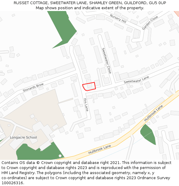 RUSSET COTTAGE, SWEETWATER LANE, SHAMLEY GREEN, GUILDFORD, GU5 0UP: Location map and indicative extent of plot