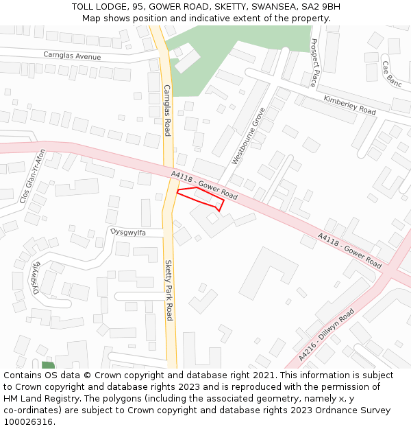 TOLL LODGE, 95, GOWER ROAD, SKETTY, SWANSEA, SA2 9BH: Location map and indicative extent of plot