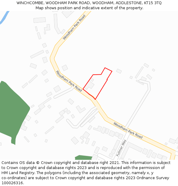 WINCHCOMBE, WOODHAM PARK ROAD, WOODHAM, ADDLESTONE, KT15 3TQ: Location map and indicative extent of plot