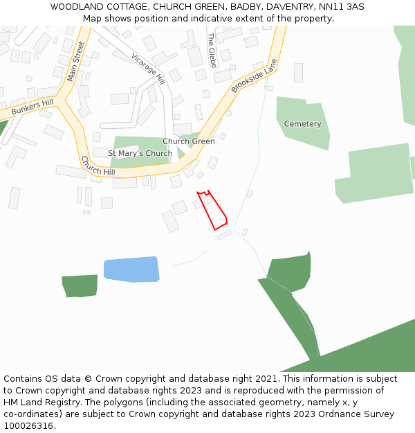WOODLAND COTTAGE, CHURCH GREEN, BADBY, DAVENTRY, NN11 3AS: Location map and indicative extent of plot