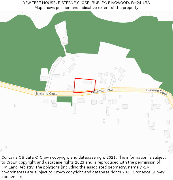 YEW TREE HOUSE, BISTERNE CLOSE, BURLEY, RINGWOOD, BH24 4BA: Location map and indicative extent of plot