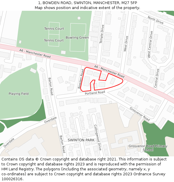 1, BOWDEN ROAD, SWINTON, MANCHESTER, M27 5FP: Location map and indicative extent of plot