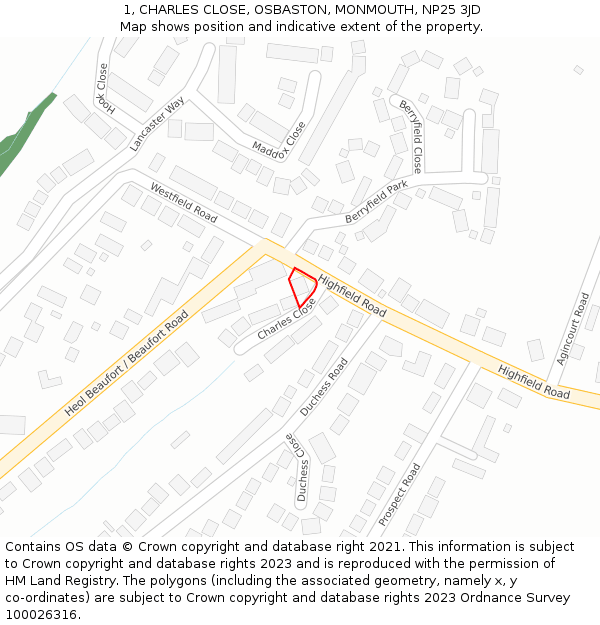 1, CHARLES CLOSE, OSBASTON, MONMOUTH, NP25 3JD: Location map and indicative extent of plot