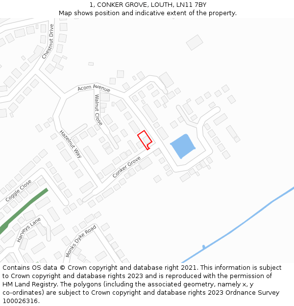 1, CONKER GROVE, LOUTH, LN11 7BY: Location map and indicative extent of plot