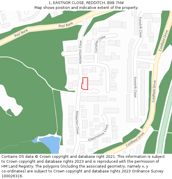 1, EASTNOR CLOSE, REDDITCH, B98 7NW: Location map and indicative extent of plot
