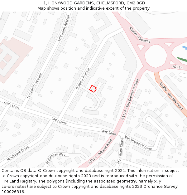 1, HONYWOOD GARDENS, CHELMSFORD, CM2 0GB: Location map and indicative extent of plot