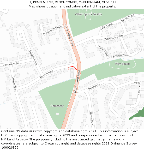 1, KENELM RISE, WINCHCOMBE, CHELTENHAM, GL54 5JU: Location map and indicative extent of plot