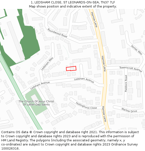 1, LEDSHAM CLOSE, ST LEONARDS-ON-SEA, TN37 7LF: Location map and indicative extent of plot