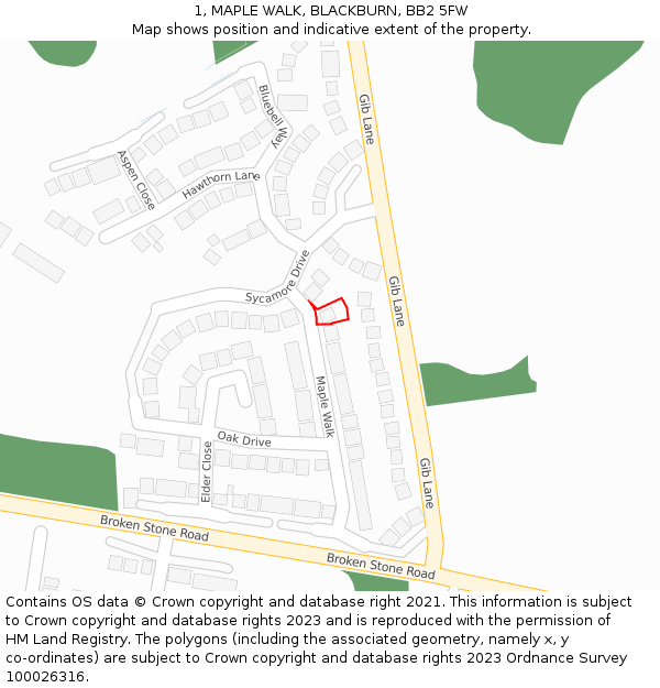 1, MAPLE WALK, BLACKBURN, BB2 5FW: Location map and indicative extent of plot