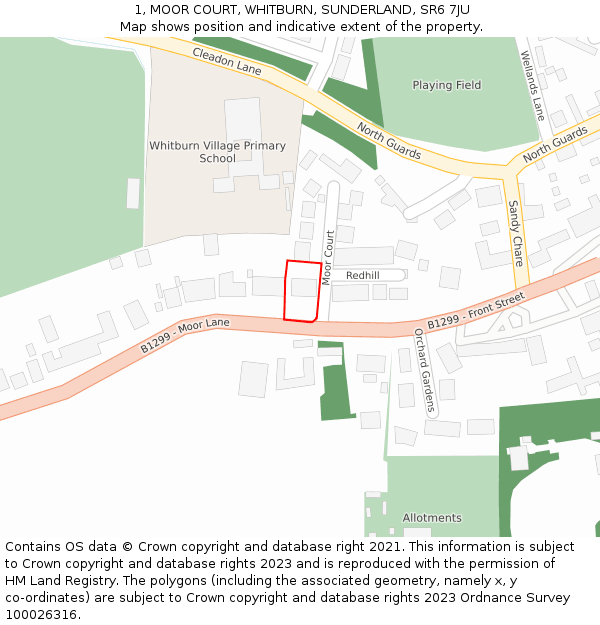 1, MOOR COURT, WHITBURN, SUNDERLAND, SR6 7JU: Location map and indicative extent of plot