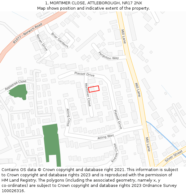 1, MORTIMER CLOSE, ATTLEBOROUGH, NR17 2NX: Location map and indicative extent of plot