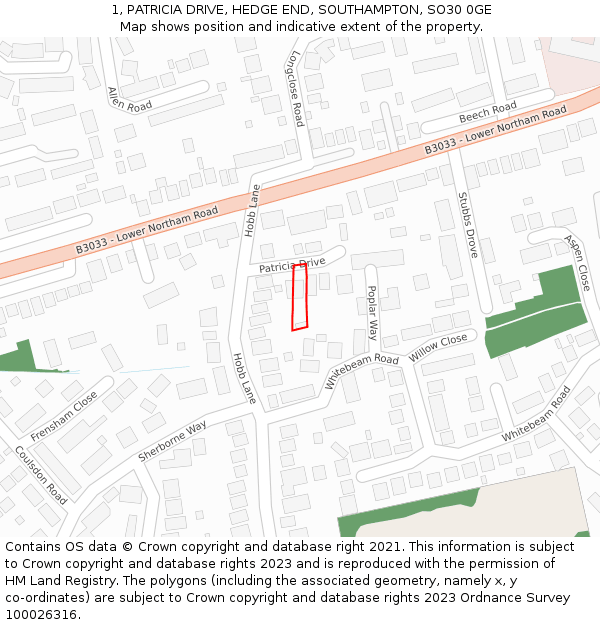 1, PATRICIA DRIVE, HEDGE END, SOUTHAMPTON, SO30 0GE: Location map and indicative extent of plot