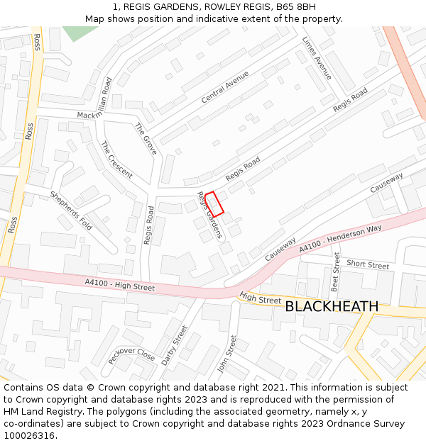 1, REGIS GARDENS, ROWLEY REGIS, B65 8BH: Location map and indicative extent of plot