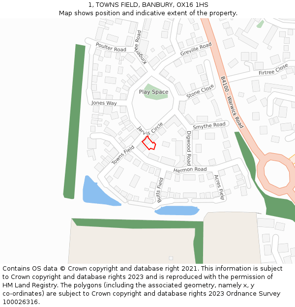 1, TOWNS FIELD, BANBURY, OX16 1HS: Location map and indicative extent of plot