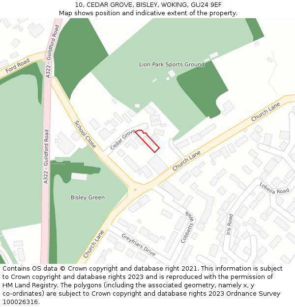 10, CEDAR GROVE, BISLEY, WOKING, GU24 9EF: Location map and indicative extent of plot